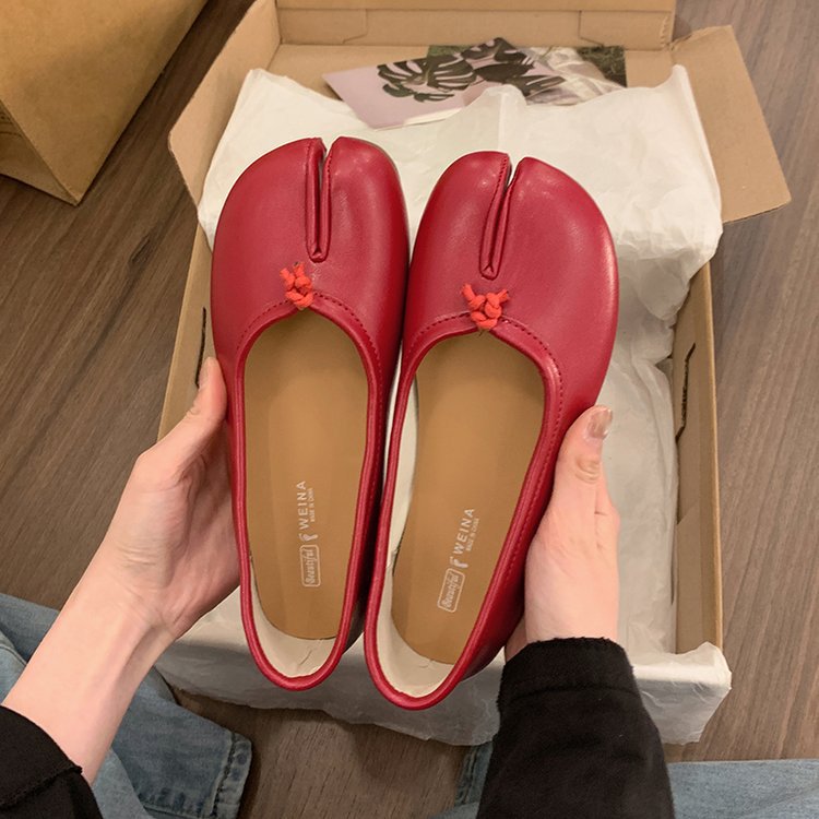 Damen Freizeitschuhe Flach Hufeisen Split-toe Bootsschuh Rot_voghion.com