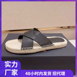 拖鞋男真皮平底外穿草编麻绳底时尚潮牌交叉2025夏季新款欧洲站