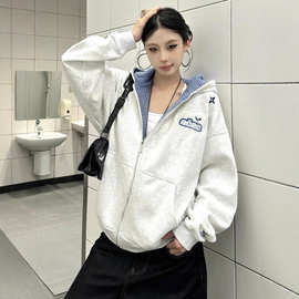 美式复古格子里布外套女2025秋冬辣妹感街头宽松重磅开衫连帽卫衣