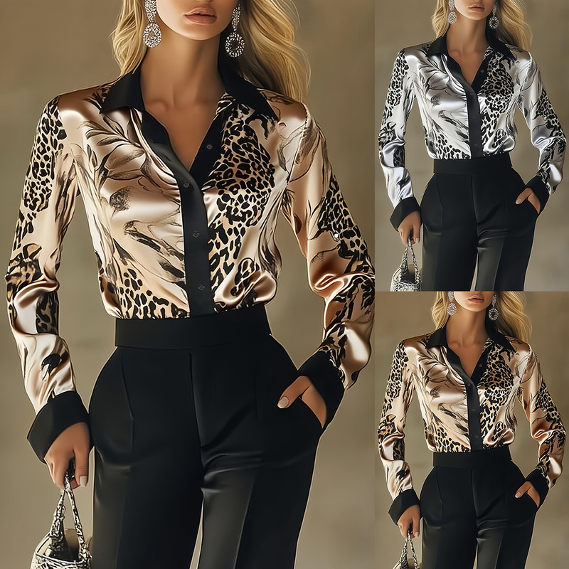 European and American Independent Station Amazon Hot Style 2026 Spring and Autum New Casual Satin Button Printed Long-Sleeved Shirt for Women
