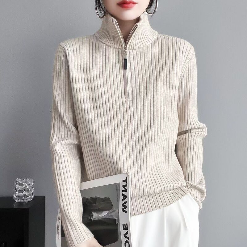 Autumn and Winter Half Cardigan Stand Collar Zipper Inner Sweater Fashionable Korean Style New Versatile Knitted Pullover Top for Women Autumn and Winter Half Cardigan Stand Collar Zipper Inner Sweater Fashionable Korean Style New Versatile Knitted Pullover Top for Women