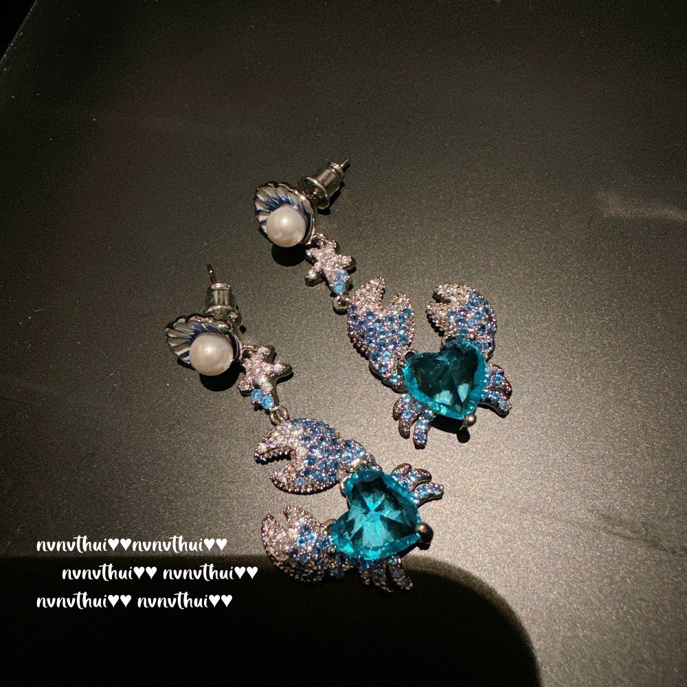 2103QIP Shell Blue Love Crab Zircon Tassel Earrings ~ No box