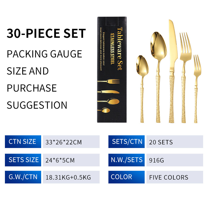 Cuchillos, tenedores y cucharas de acero inoxidable con cintura pequeña transfronteriza Juego de vajilla de acero inoxidable con cuchillo y tenedor de filete dorado, juego de 20/24/30