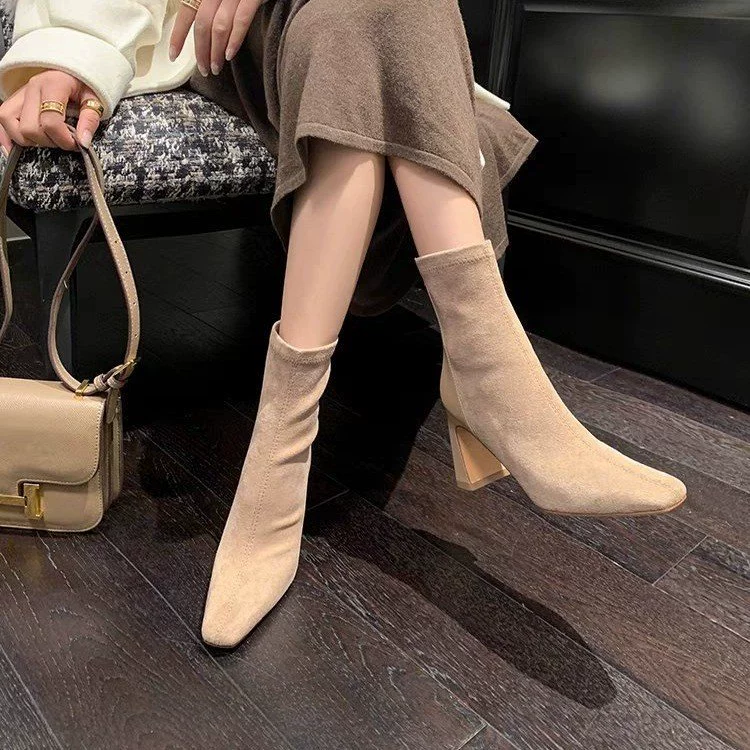 High elastic rectangular demi-season low boots, European style