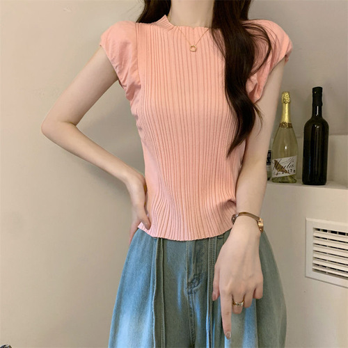 Half-high collar turtleneck solid-color sleeveless knitted top for women, summer thin fit-to-measure slimming innerwear with spliced sleeve cuffs