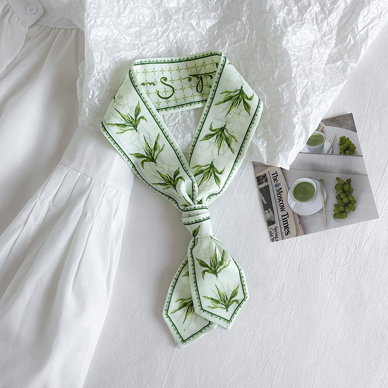 Cinta de primavera impresión larga estrecha ángulo pequeña bufanda de seda elegante estilo coreano banda de pelo bolsa de accesorios para el cabello entrega de una sola pieza