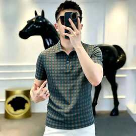 高档轻奢POLO衫男士夏季撞色泡泡格子短袖T恤男装薄款痞帅上衣