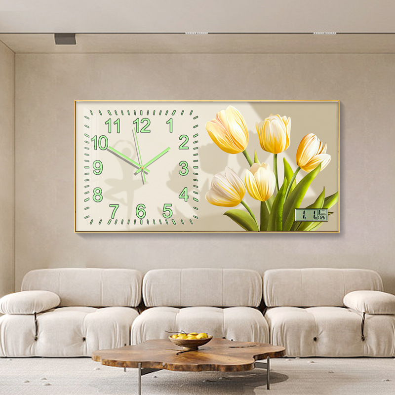 Crema estilo aleación de aluminio reloj moderno minimalista flor pintura decorativa Reloj de pared sofá Fondo pared pintura Reloj de pared