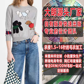 大朗毛衣加工厂小批量来图定制 春秋欧美装套头长袖印花针织衫 女