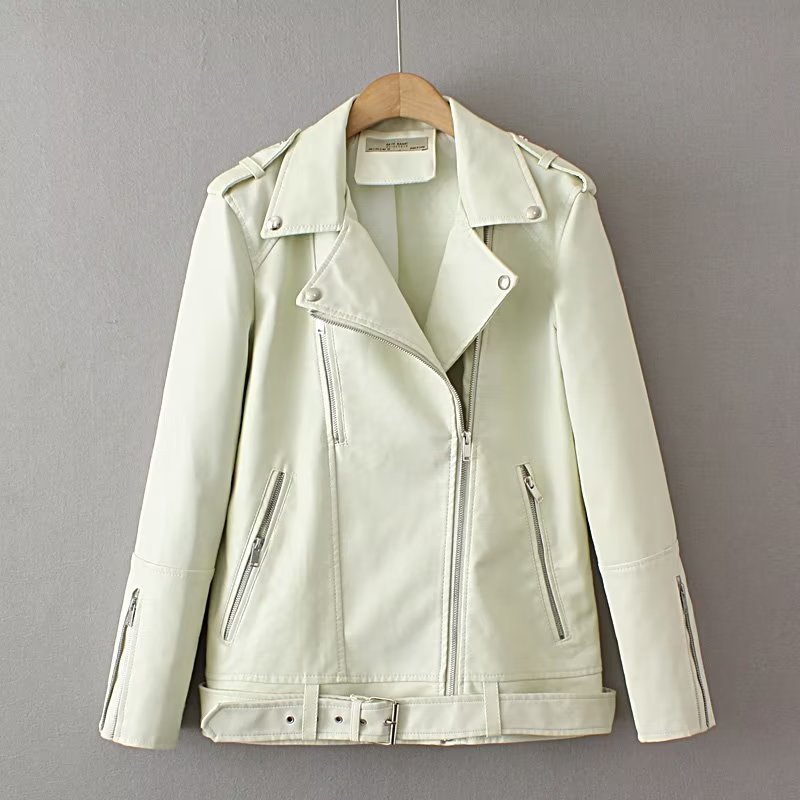 lapel long sleeve zipper solid color leather jacket NSAM139681