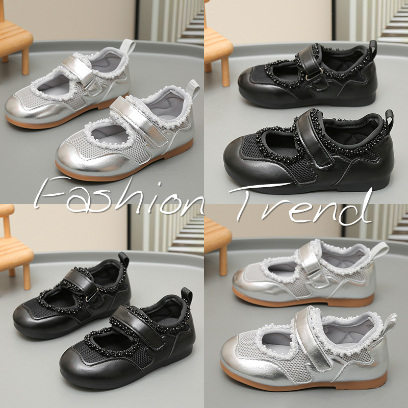 2025 Spring and Autumn New Style Girls' Fashionable Beaded Soft Sole Korean Style Velcro Mary Jane Ballet Shoes Children's Shoes