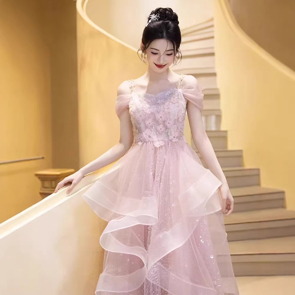 Elegant Pink Strapless French Evening Gown For Banquet, Engagement Party And Host Occasion_ecoleips.com