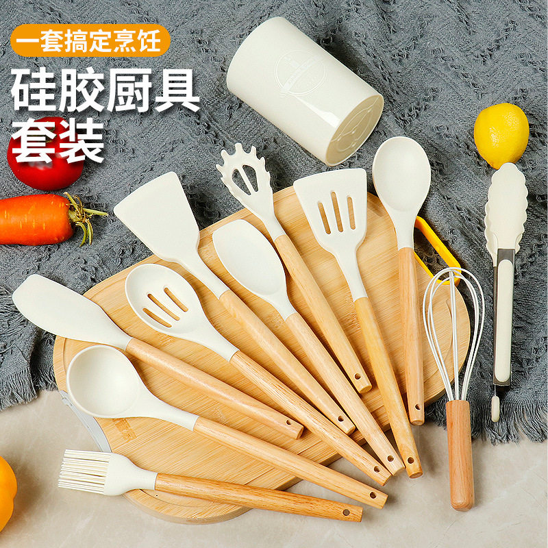 跨境木柄硅胶12件套烹饪不粘锅漏铲汤勺收纳桶厨具十一件套装现货