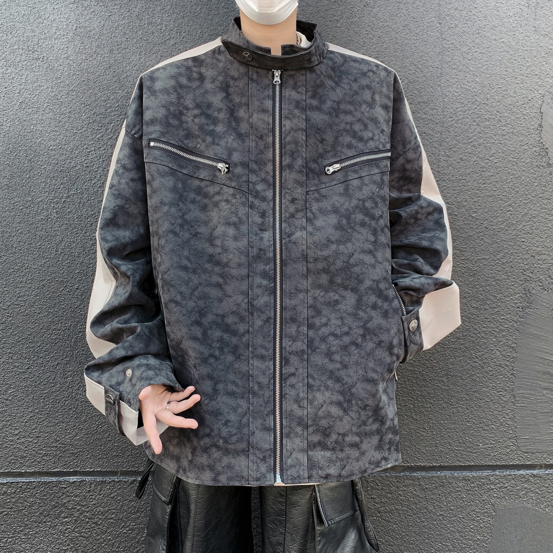 Vintage Texture Vintage Trendy Motorcycle Contrasting Splicing Jacket Jacket_voghion.com