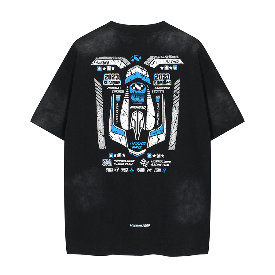 NONNOD lavado con inyección de tinta para hacer impresión vieja hombre cuello redondo suelto camiseta de manga corta