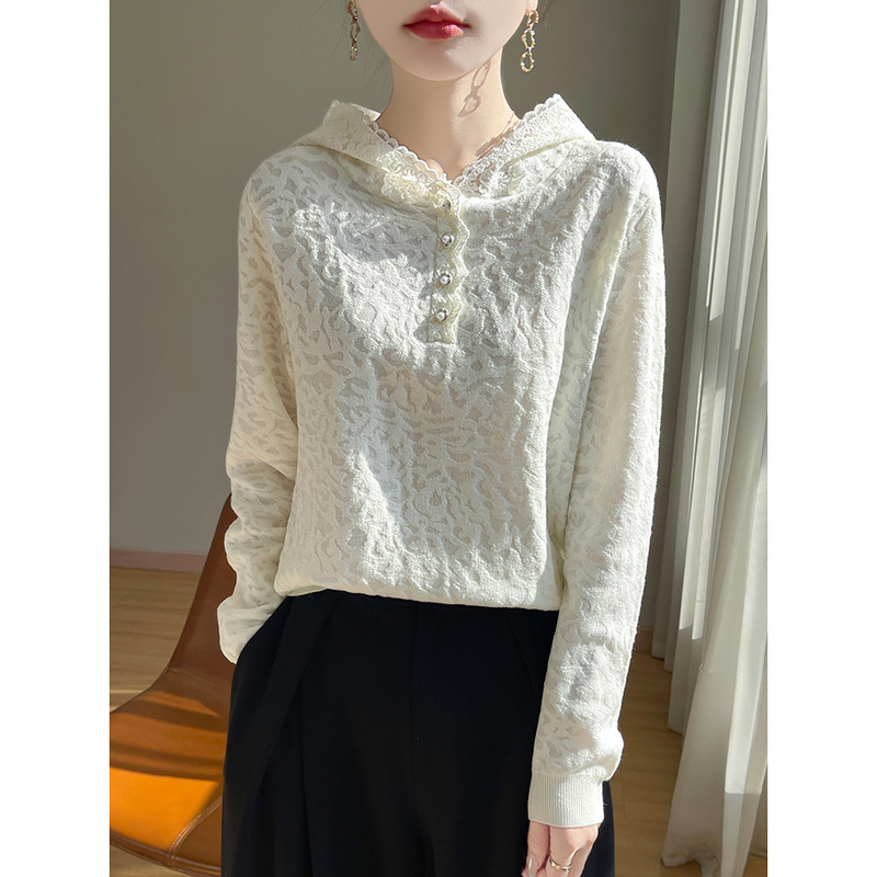 2024 Autumn and Winter New Worsted Wool Hooded Hollow Crochet Lace Sweater Solid Color Pullover Top Women