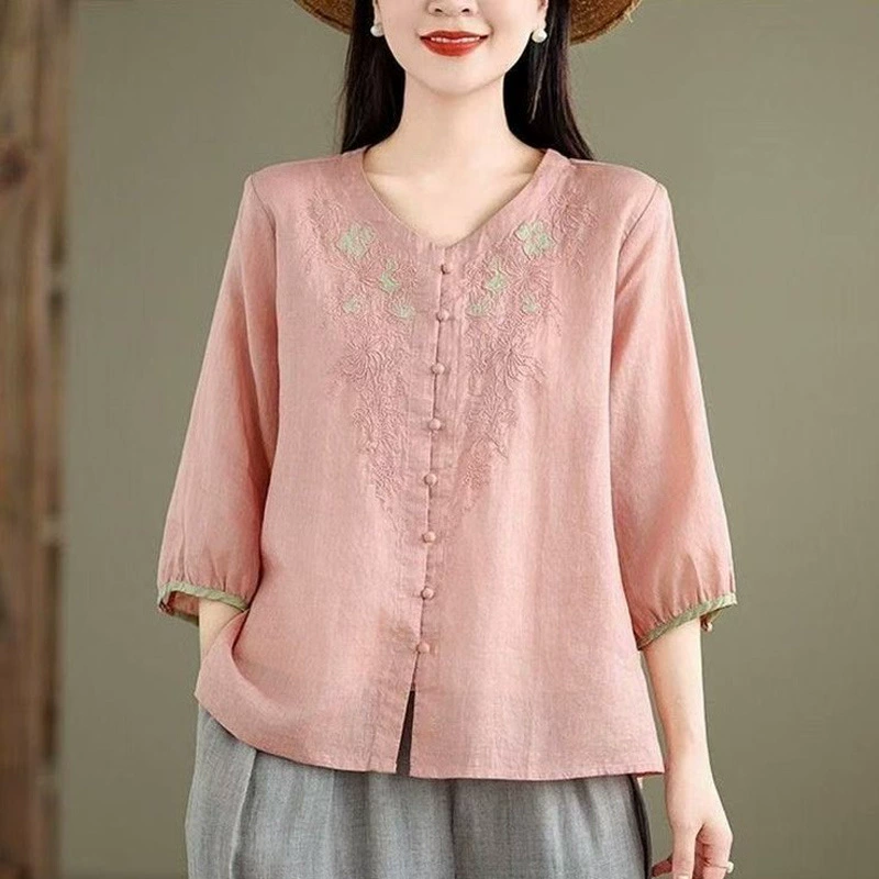 Однотонная рубашка из рами с рукавом три четверти, новинка лета 2025, тонкий хлопковый и льняной топ с v-образным вырезом и вышивкой, элегантная футболка