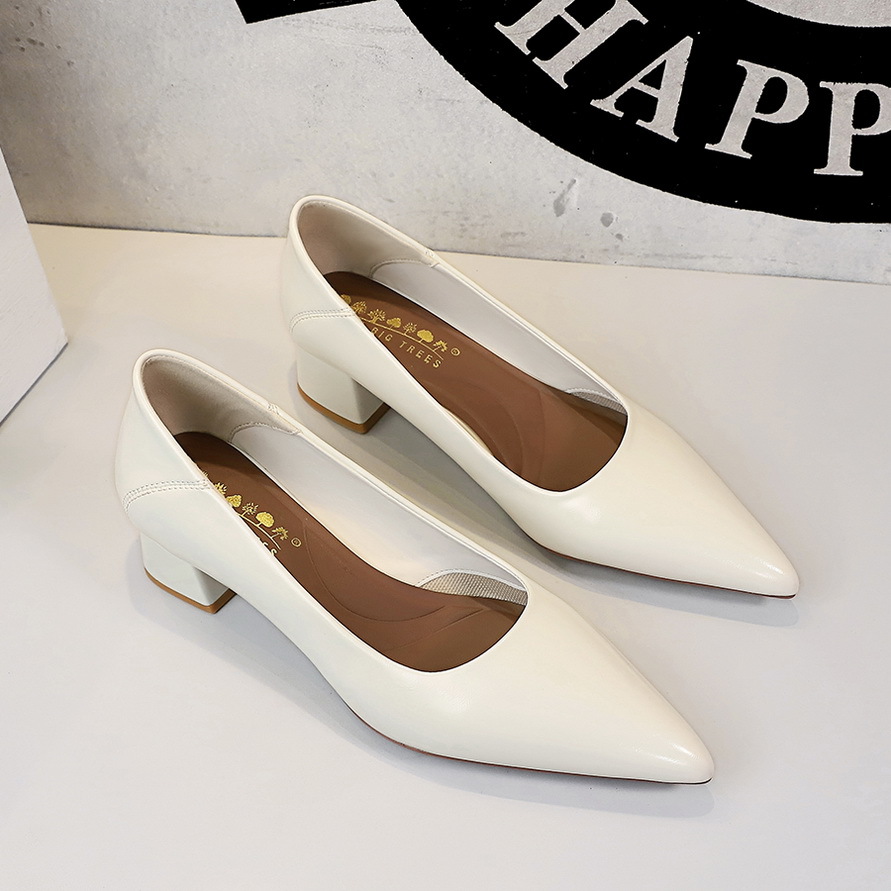 9853 European And American Minimalist Style Pointed Toe Chunky Heel Slip-on Shoes, Versatile Shallow Mouth, Comfortable_vogvips.com