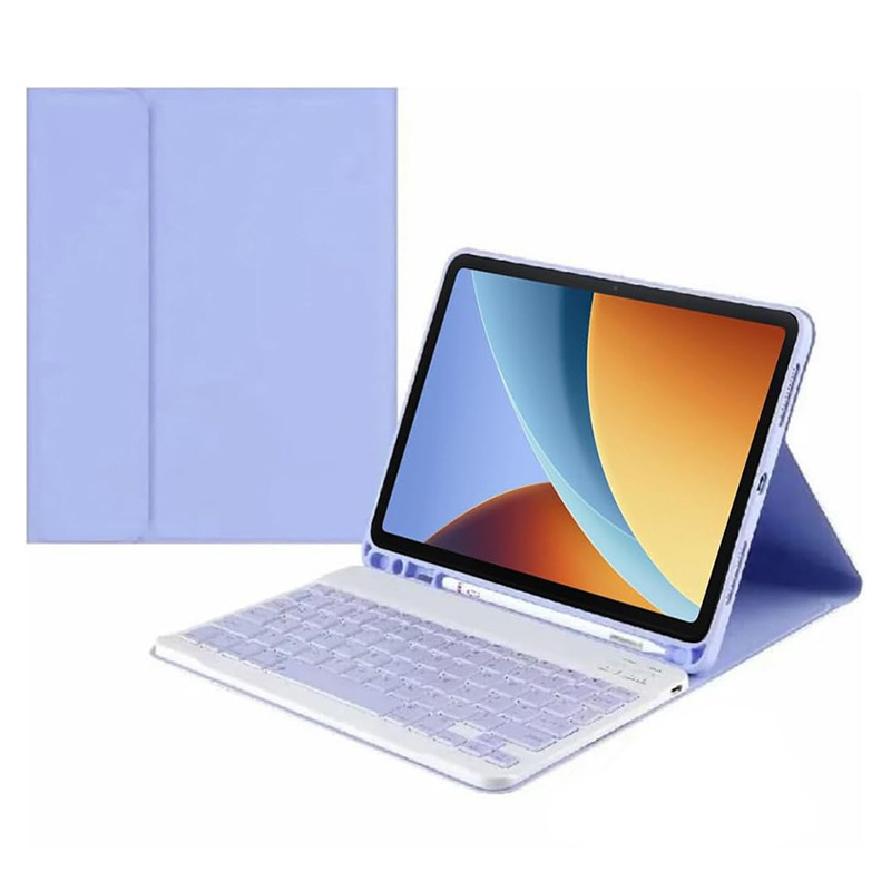 Funda de cuero morado claro + teclado Bluetooth
