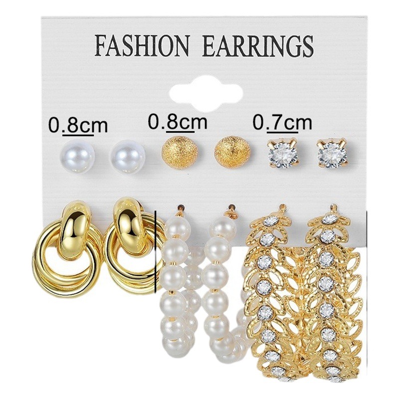 European and American Cross-Border Alloy Earrings Square Geometric Earrings Set 6-Piece Retro Pearl Card Earrings and Earrings