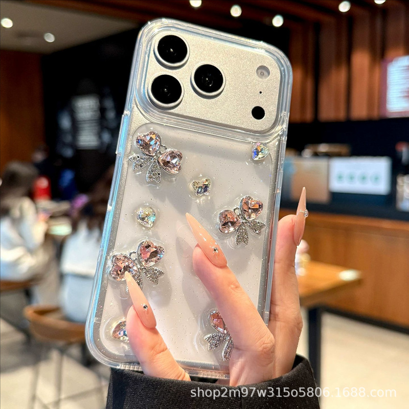 Suitable for Apple 17 Promax Mobile Phone Case, New iPhone 16 High-End Style 14 Pink Diamond Bow 12 Protective Case