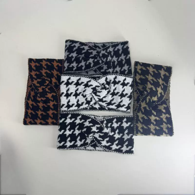 2025新款头饰毛线针织千鸟格束发带女宽边月子包头巾交叉秋冬外出