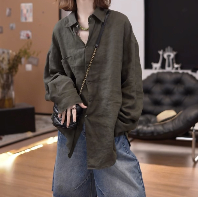 Solid Color Lazy Style Linen Long-Sleeved Shirt for Women Autum New Versatile Lapel Loose Casual Slim Cardigan Top