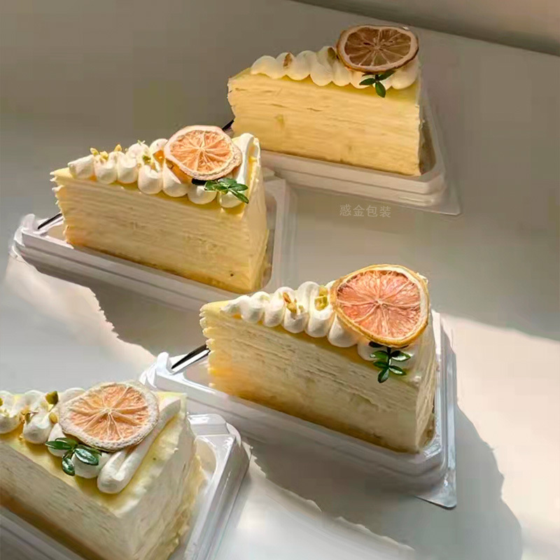 加高切塊三角切件慕斯盒西點盒8/6寸加厚防霧透明盒卡扣緊帶叉子