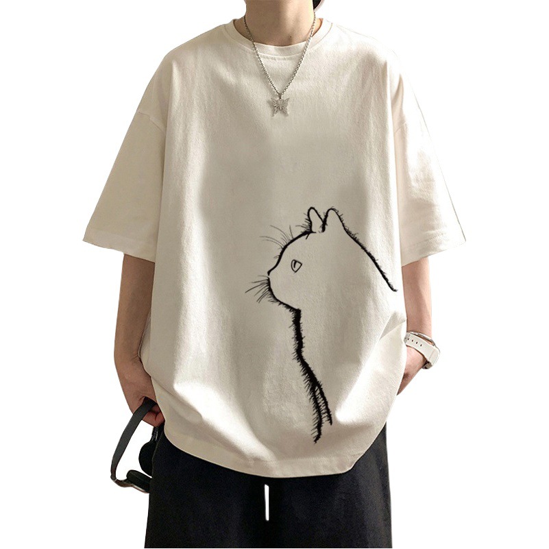 Camiseta de manga corta de moda de pareja Cat Print algodón de verano para hombre 2023 Nueva camisa de fondo suelta casual de media manga