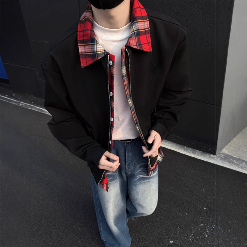 Fashionable Lapel Flight Jacket for Men and Women, Spring and Autumn American Retro Cleanfit Faux Two-Piece Flannel