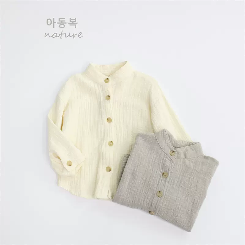 新品秋季儿童衬衫纯色男童上衣韩版棉麻立领宝宝女童衬衣外穿代发