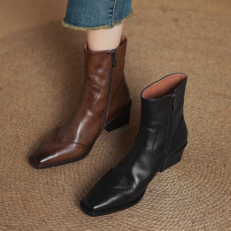 French Style Retro Washed Cowhide Thick Heel Ankle Boots Women's Autumn and Winter New Square Heel Western Boots Simple High Heel Women's Boots French Style Retro Washed Cowhide Thick Heel Ankle Boots Women's Autumn and Winter New Square Heel Western Boots Simple High Heel Women's Boots