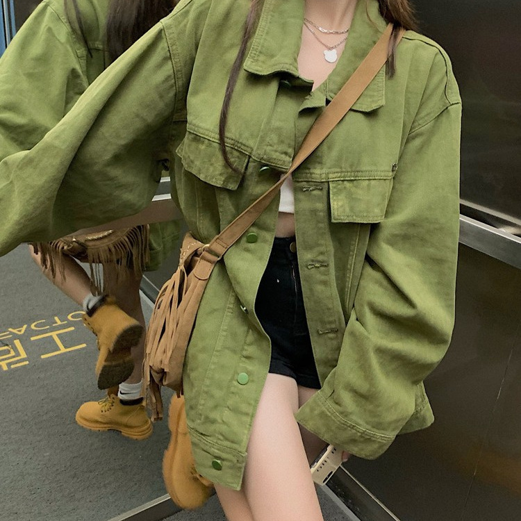 Polo领长袖宽松绿色牛仔外套女秋季大码胖妹妹中长款夹克开衫上衣|undefined
