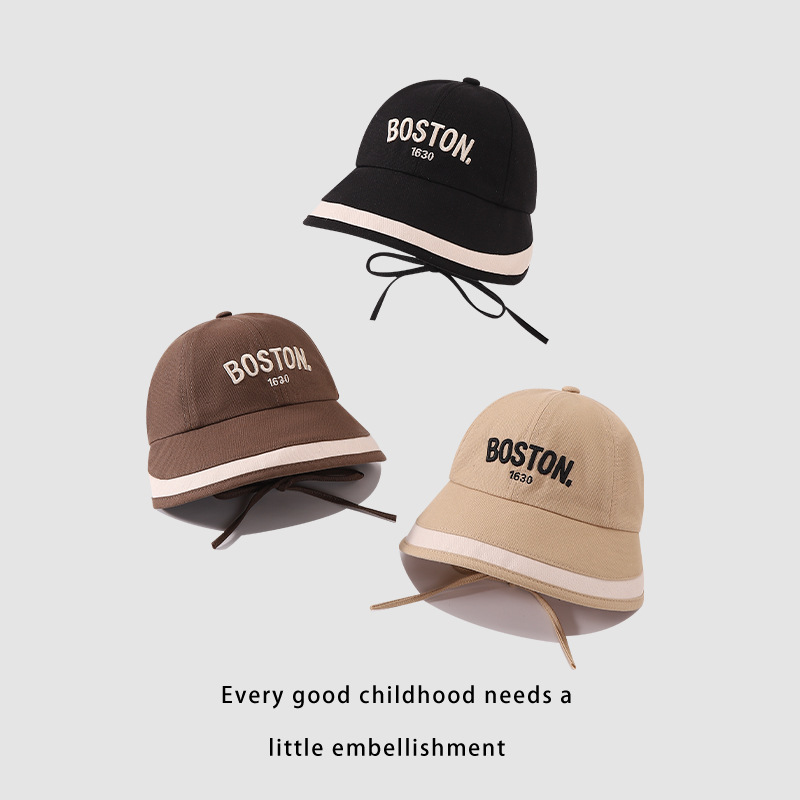 Sombrero de pescador para niños primavera y otoño letras extranjeras bordadas correa anti-caída sombrero de sombrero para bebés al aire libre gorra de protección solar