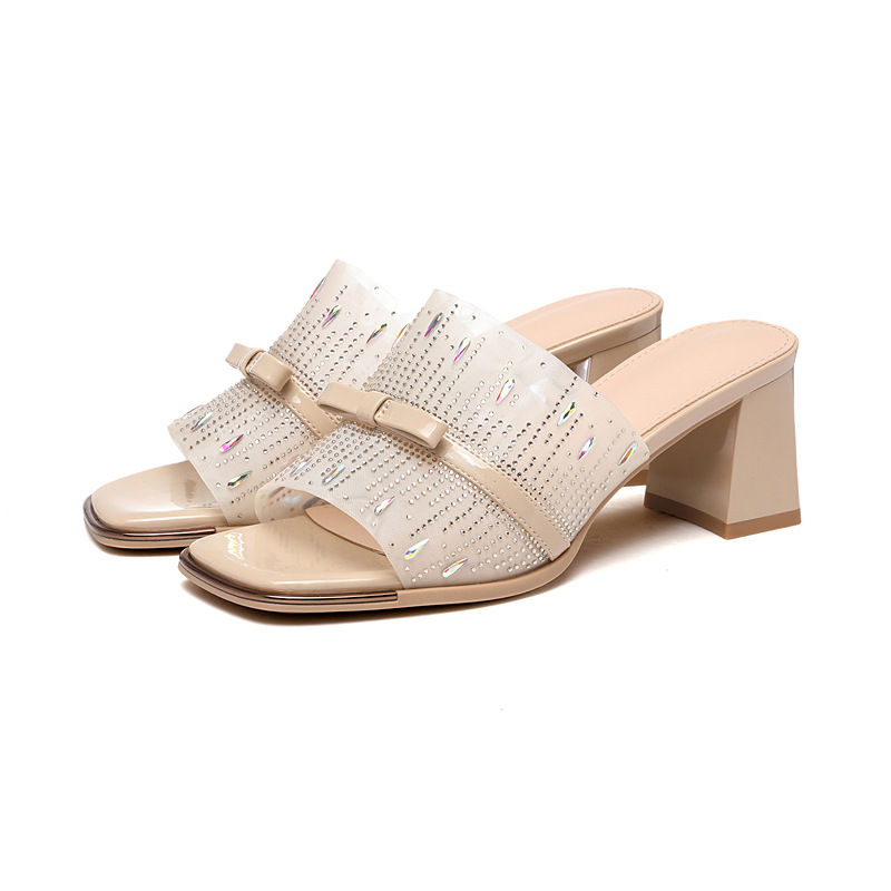 Sandal cao gót nữ hở mũi phong cách Pháp đính sequin lấp lánh gót vuông 6 cm — 7215 Màu đen, 7215 màu mơ