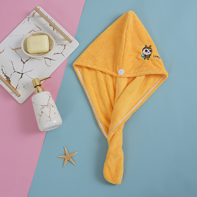 New Coral Fleece Cartoon Embroidery Long Cap Head Wrap Soft Absorbent Quick-Dry Hair Towel For Women_voghion.com
