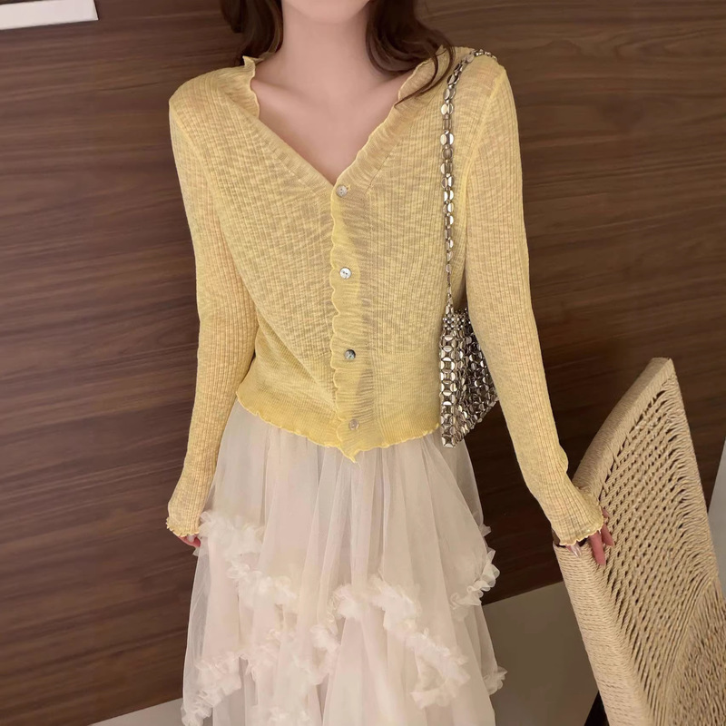 Korean-Style Ruffled V-Neck Candy-Colored Shell Button Ice Silk Knit Cardigan 2026 Summer New Women's Sun Protection Outerwear Korean-Style Ruffled V-Neck Candy-Colored Shell Button Ice Silk Knit Cardigan 2026 Summer New Women's Sun Protection Outerwear