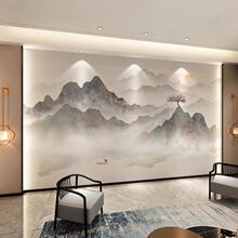 钉制新款壁画中式海纳百川山水客厅沙发背景墙布8d立体壁布中国风