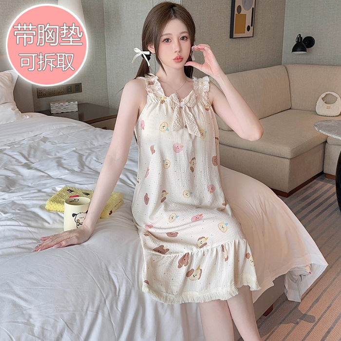 Pijama de algodón de burbujas para mujer, verano dulce, camisón de longitud media con almohadilla para el pecho, talla grande 200 kg, ropa de hogar para uso exterior