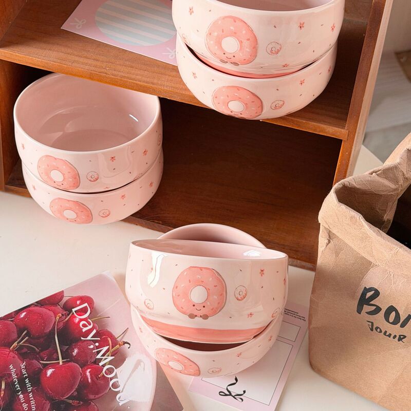 New Pink Donut Ceramic Tableware for Home Use, Cute Rice Bowl Set with Underglaze Color, High Aesthetic Value