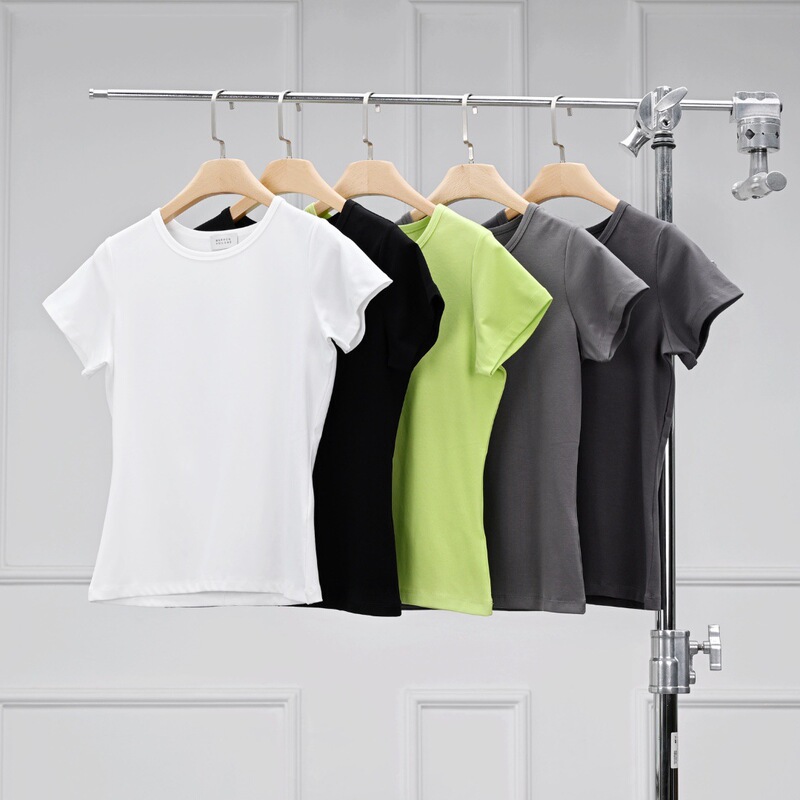 Limited Colors, Special Price 228132 Spring/Summer Cotton Slightly Stretchy Simple Versatile Top Round Neck Short Sleeve T-Shirt for Women
