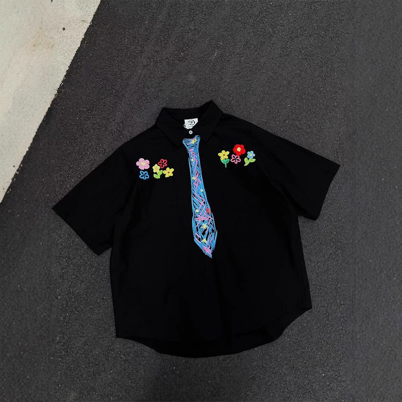 American Crayon Graffiti Tie Short-sleeved Shirt Men's Summer Niche Floral Embroidered cleanfit Design Top