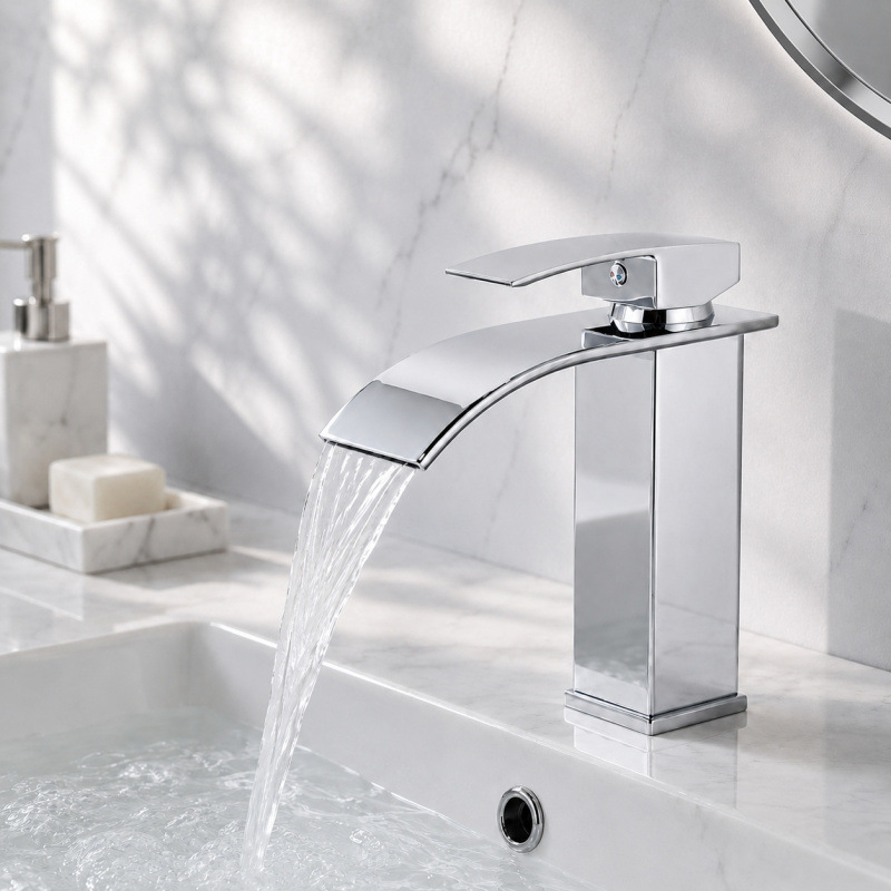 Cross-border exclusive supply of silver-plated wide-spout waterfall faucets, shiny hot and cold basin faucets, Amazon source factory Cross-border exclusive supply of silver-plated wide-spout waterfall faucets, shiny hot and cold basin faucets, Amazon source factory