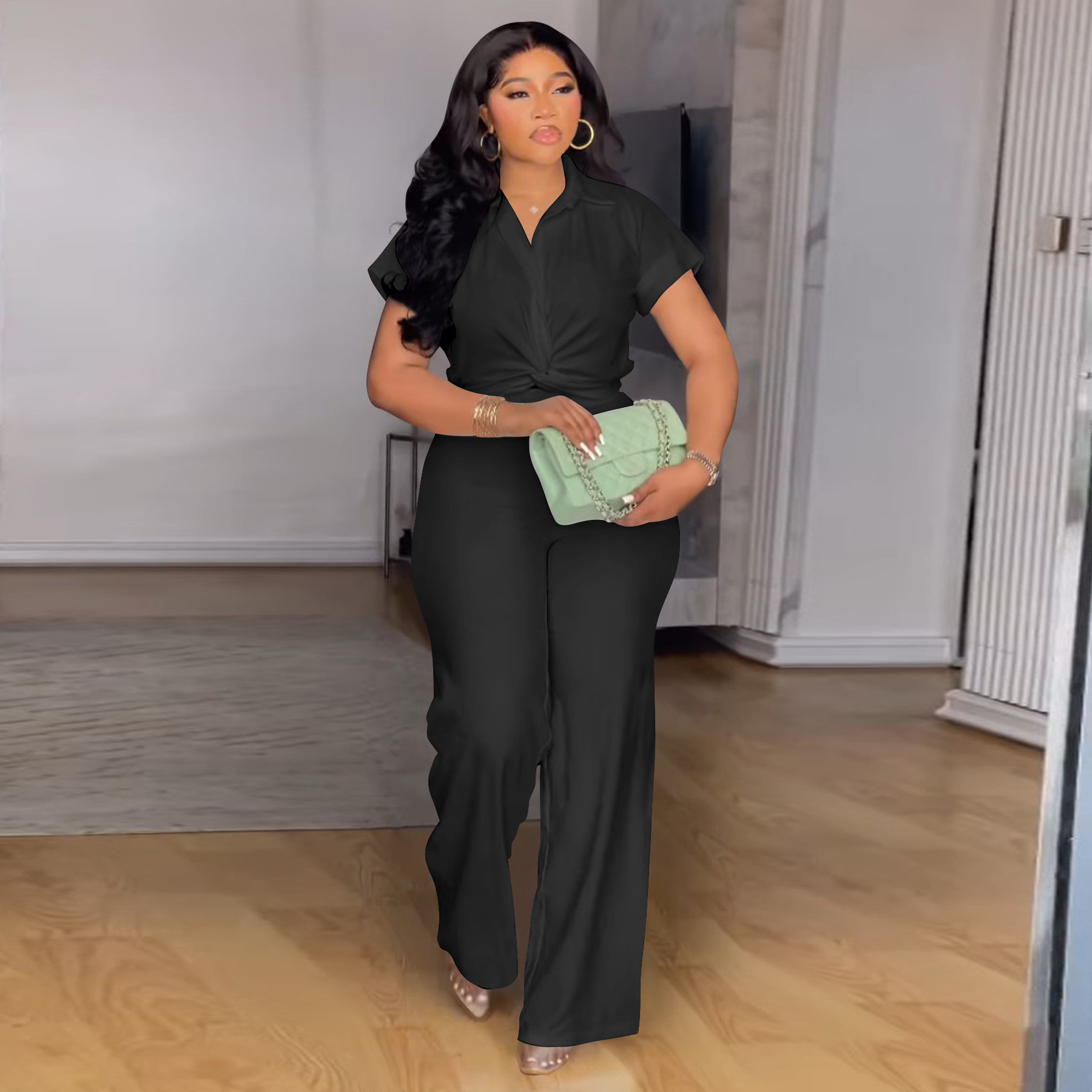 Women's Clothing Plus Size Summer Outfit High Waist Casual Pants & Solid Color Shirt Short Sleeved Two-Piece Set_ecoleips.com