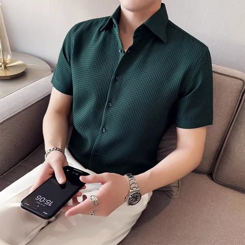 绿色华夫格衬衫男短袖法式商务衬衣夏季薄款冰丝高级感韩版半袖衬