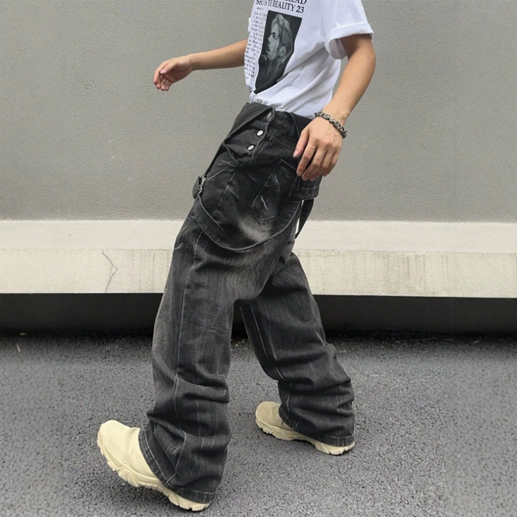 Retro Washed Lightning Bolt Pattern Jeans for Men High Street Vibe Style Design Niche Trendy Brand Cool And Edgy Pants_mkmklike.com