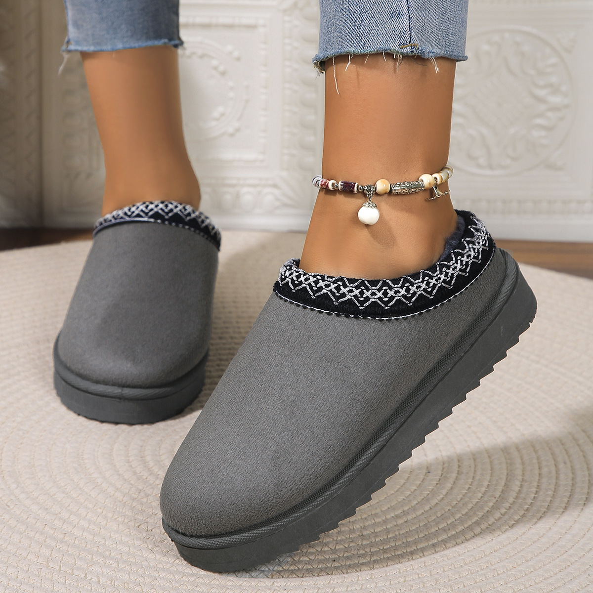 Lace ethnic fashion snow boots women's shoes semi-drag cotton shoes autumn and winter indoor outdoor_viptrois.com