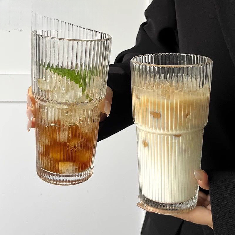 青苹果高颜值冷饮果汁带盖吸管大容量条纹玻璃杯水杯|undefined