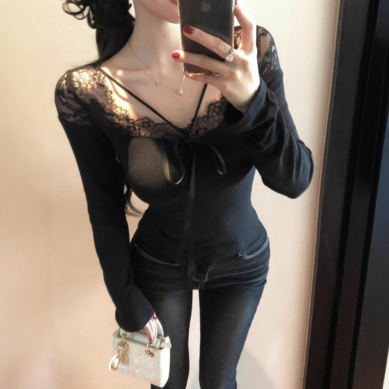 Yikai Lace Splicing Lace-Up Long-Sleeved T-Shirt for Women in Winter, Waist Slimming Look Inner Layering Pure Desire Slimming Look Bottoming Shirt Top