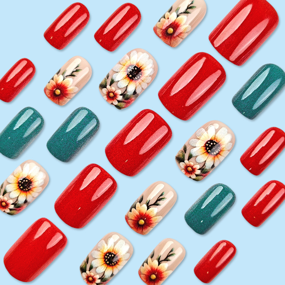 Papas de uñas de uñas de girasol simples Chicas calientes Parche de uñas rojo y azul Terminado al por mayor en Europa y América